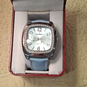 Peugeot Silver-Tone Crystal Bezel Watch with Light Blue Dial and Strap READ